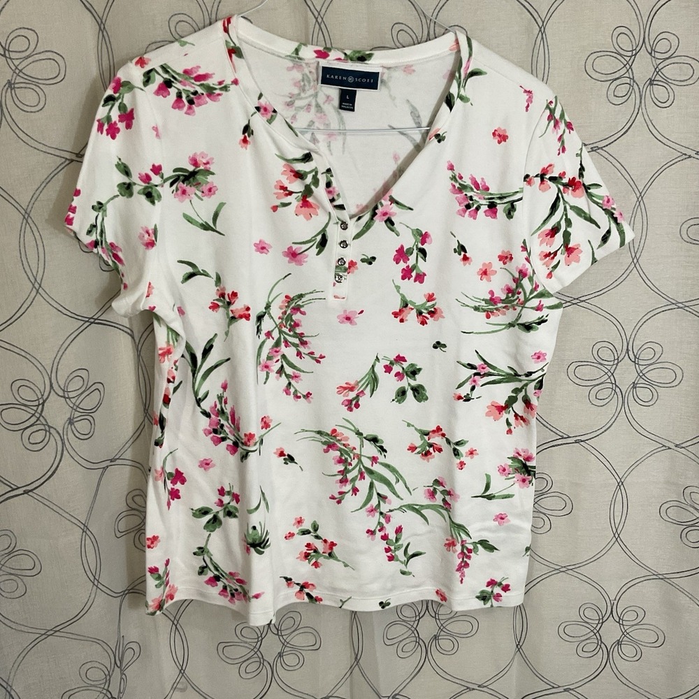 Women's Karen Scott White Pink Floral Top Short Sleeve V-Neck Size Large